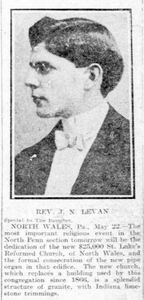 1909 article and photo of pastor LeVan that appeared in the Inquirer